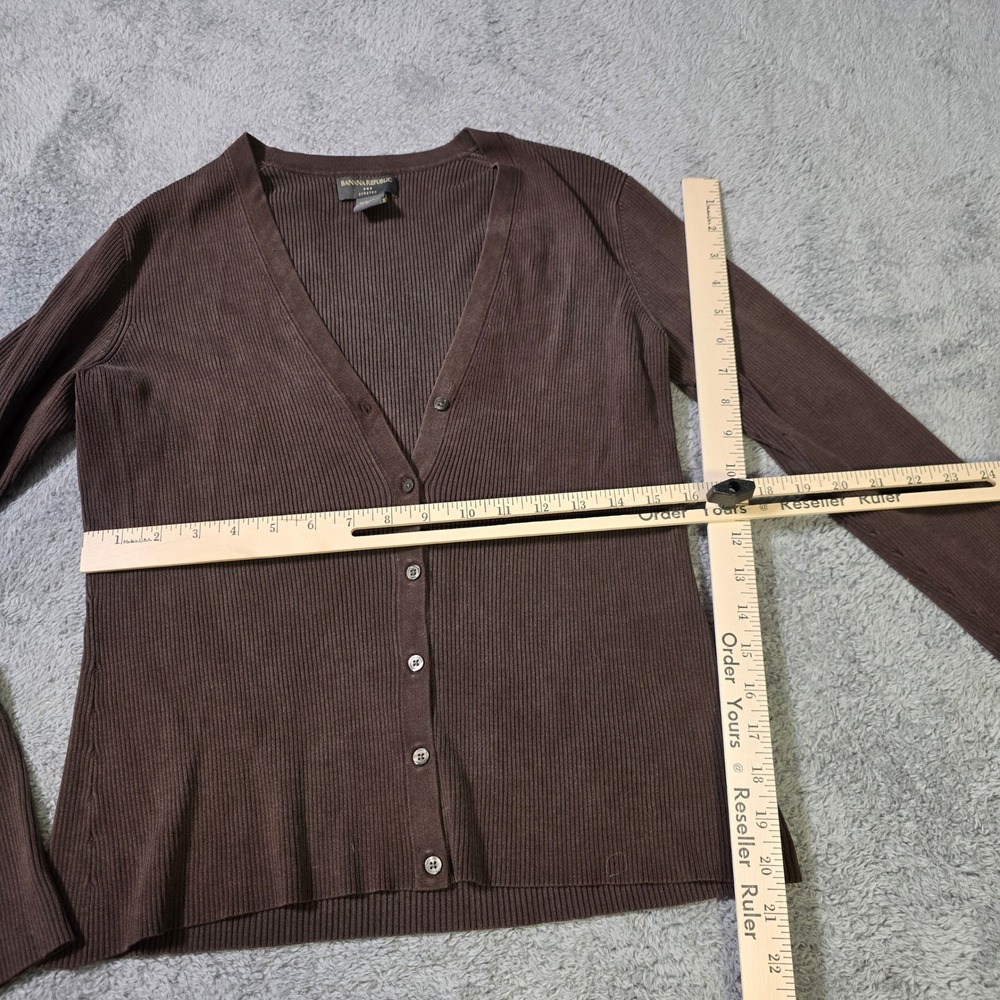 Banana Republic Womens Medium Cardigan Brown Silk Blend Ribbed V-Neck Button Up - Picture 2 of 6